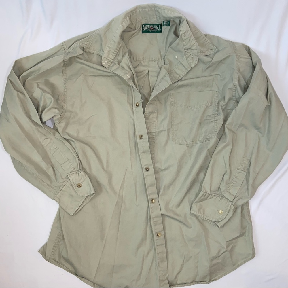 Vintage 70s - 80s American Eagle Outfitters Men's Beige Button Up Long Sleeve To
